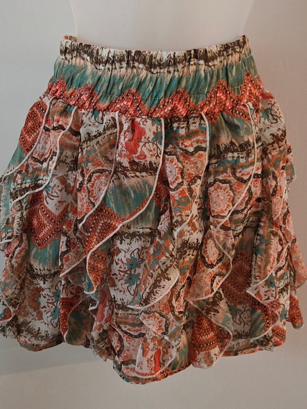 Vintage Vanity Tiered Ruffled Mini Skirt Multi Color Sz Small Elastic Waist Euc